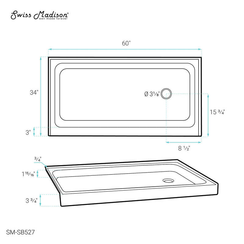 Swiss Madison Voltaire 60 x 34 Acrylic White, Single-Threshold, Right Side Drain, Shower Base