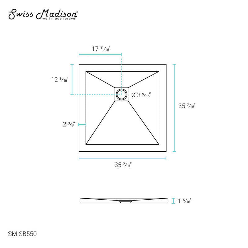 Swiss Madison Terre B Series 36" x 36" Reversible Drain Shower Base