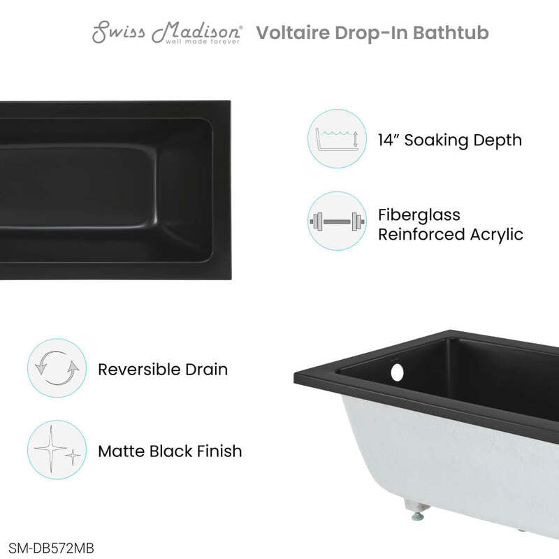Swiss Madison Voltaire 54"x30" Reversible Drain Drop-In Bathtub in Matte Black