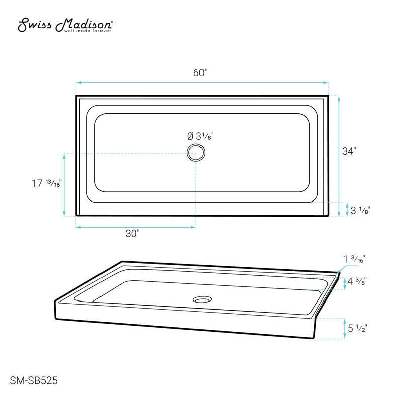 Swiss Madison Voltaire 60 x 34 Acrylic White, Single-Threshold, Center Drain, Shower Base