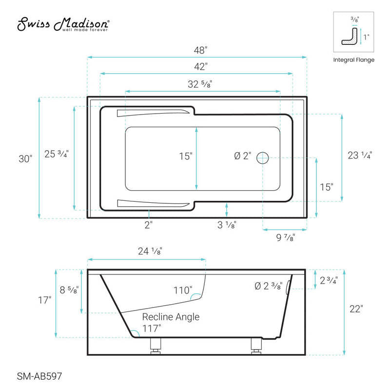 Swiss Madison Voltaire 48 x 30" Right-Hand Drain Alcove Integrated Armrest Bathtub with Apron