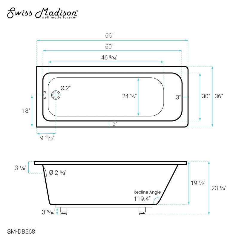 Swiss Madison Voltaire 66 "x 36" Reversible Drain Drop-In Bathtub