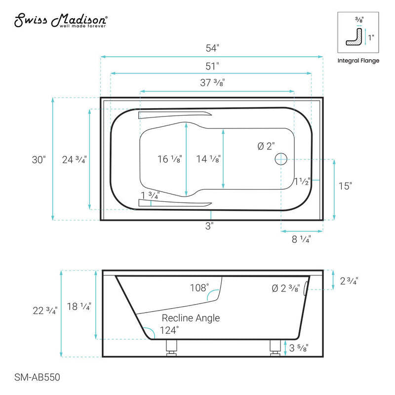 Swiss Madison Voltaire 54" X 30"  Right-Hand Drain Alcove Bathtub with Apron & Armrest