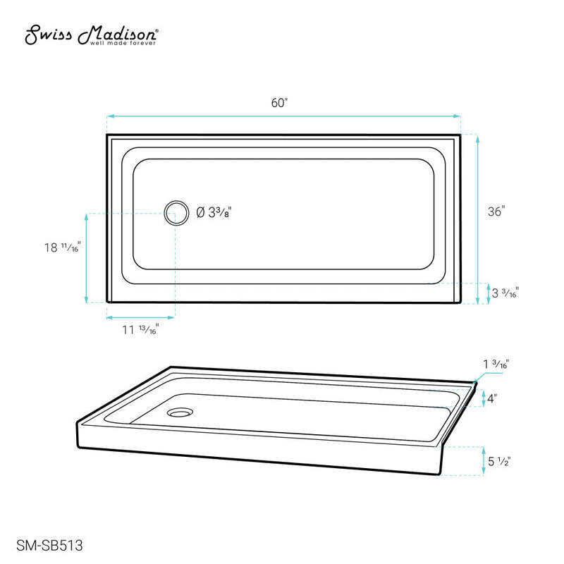 Swiss Madison Voltaire 60 x 36 Acrylic White, Single-Threshold, Left-Hand Drain, Shower Base