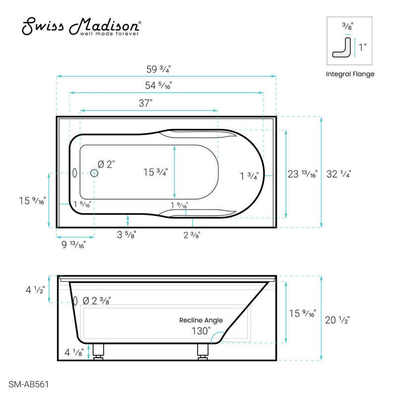 Swiss Madison Concorde 60 in. x 32 in. Acrylic Glossy White, Alcove, Integral, Left-Hand Drain, Apron Bathtub