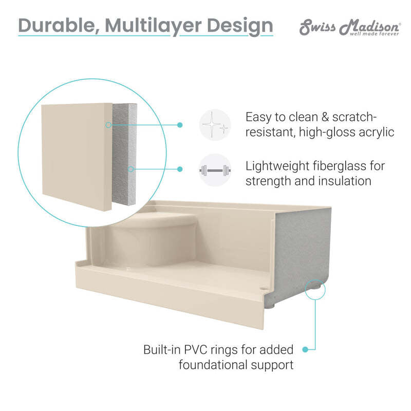 Swiss Madison Aquatique 60 X 32 Single Threshold Shower Base With Left Hand Drain and Integral Right Hand Seat in Biscuit