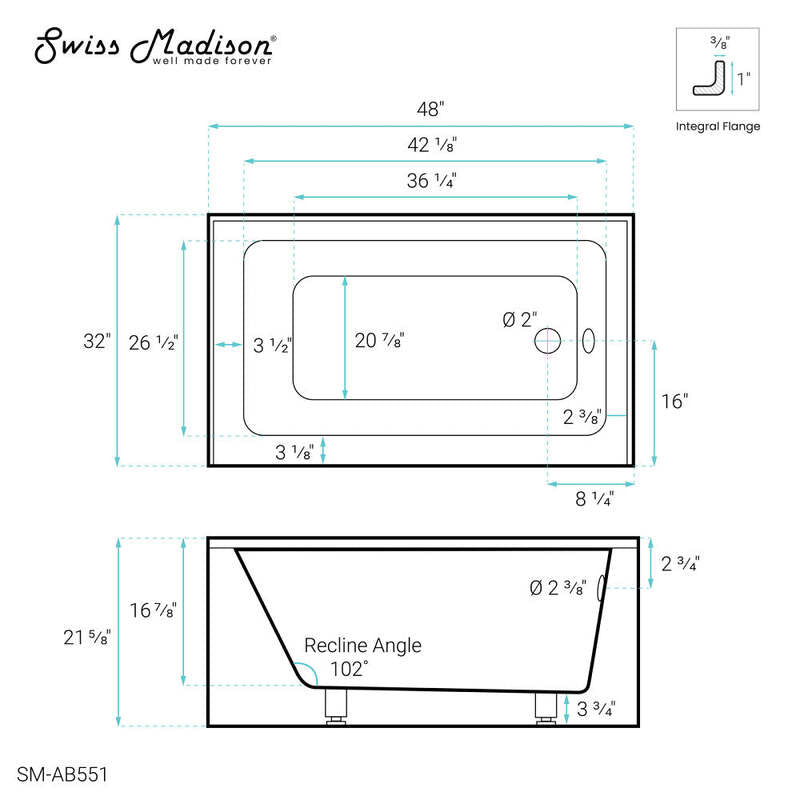 Swiss Madison Voltaire 48" X 32" Right-Hand Drain Alcove Bathtub with Apron