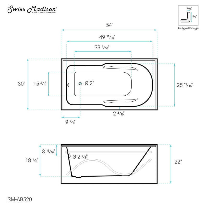 Swiss Madison Ivy 54'' x 30" Bathtub with Apron Left Hand Drain in White