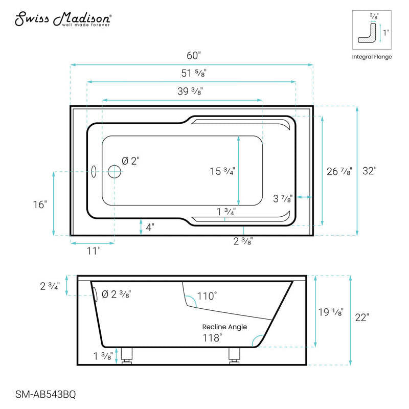 Swiss Madison Voltaire 60" X 32" Left-Hand Drain Alcove Bathtub with Apron in Bisque