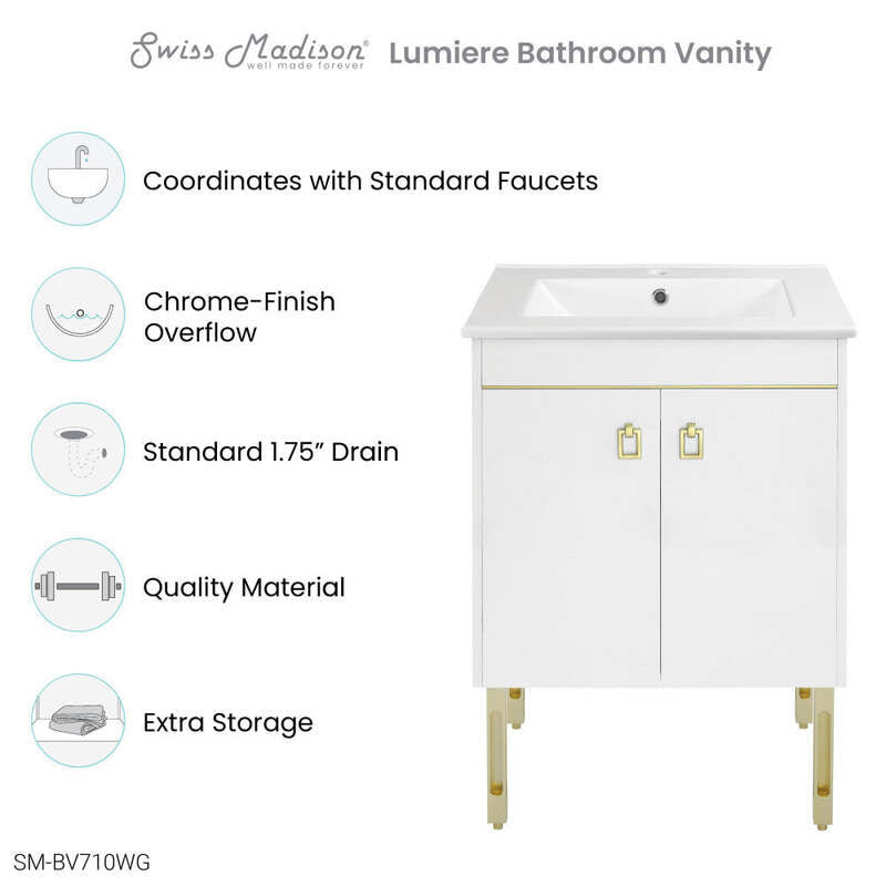Swiss Madison Lumiere 24" Freestanding, Bathroom Vanity in Glossy White and Gold