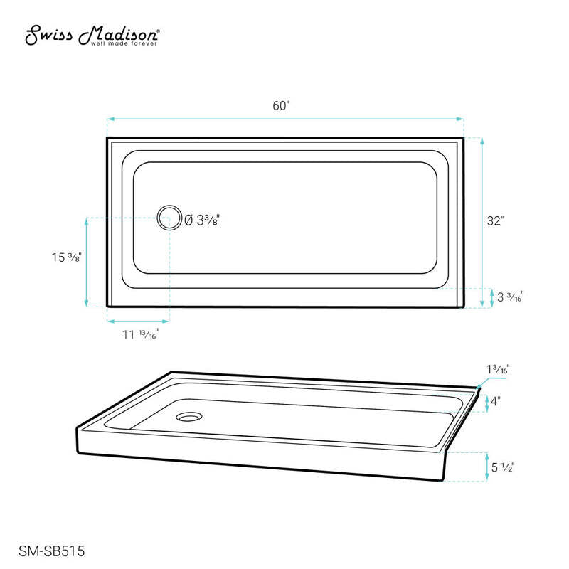 Swiss Madison Voltaire 60 x 32 Acrylic White, Single-Threshold, Left-Hand Drain, Shower Base