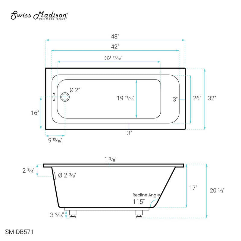 Swiss Madison Voltaire 48" x 32" Reversible Drain Drop-In Bathtub