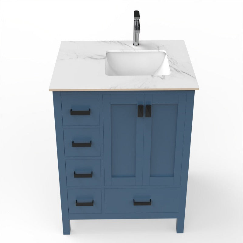 36" Ava Vanity (White / Grey / Blue) Base with White Marble Top - White Right Side Basin