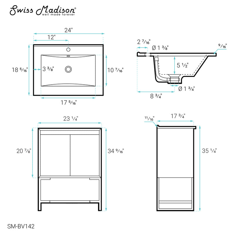 Swiss Madison Marseille 24 Single, Two Doors, Open Shelf Bathroom Vanity