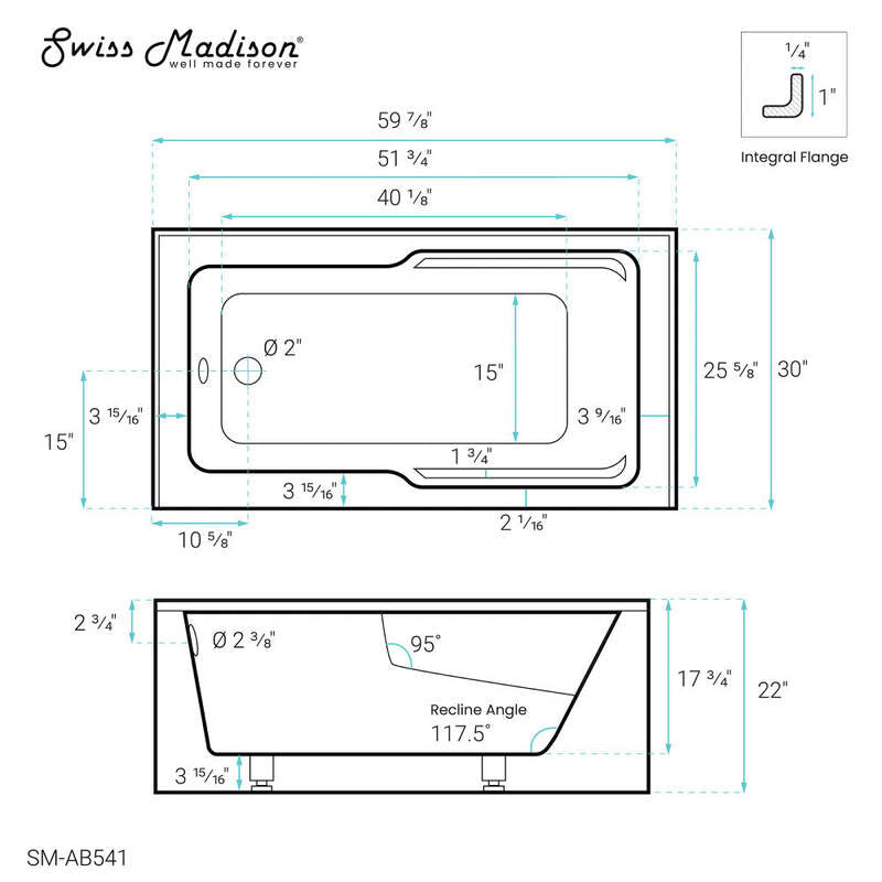 Swiss Madison Voltaire 60" X 30" Left-Hand Drain Alcove Bathtub with Apron and Armrest