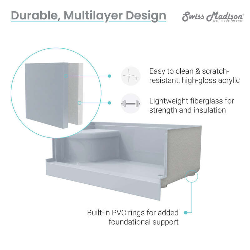 Swiss Madison Aquatique 60 X 32 Single Threshold Shower Base With Right Hand Drain and Integral Left Hand Seat in Grey
