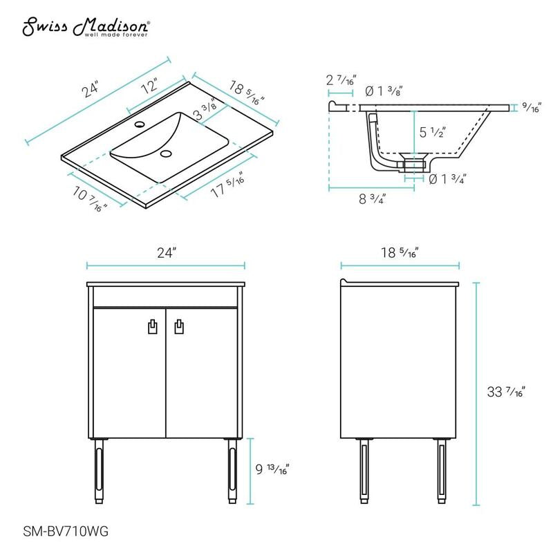Swiss Madison Lumiere 24" Freestanding, Bathroom Vanity in Glossy White and Gold