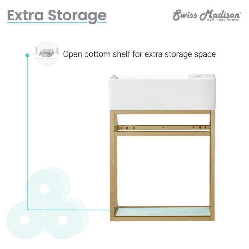 Swiss Madison Pierre 19.5 Single, Open Shelf, Gold Metal Frame Bathroom Vanity