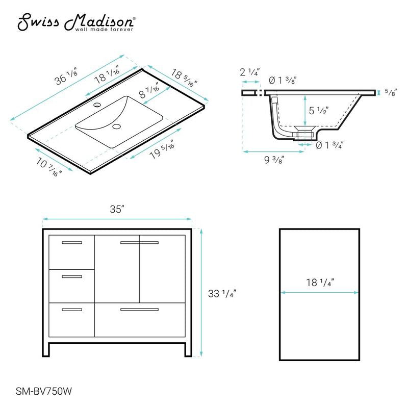 Swiss Madison Virage 36 Freestanding, Bathroom Vanity in Glossy White
