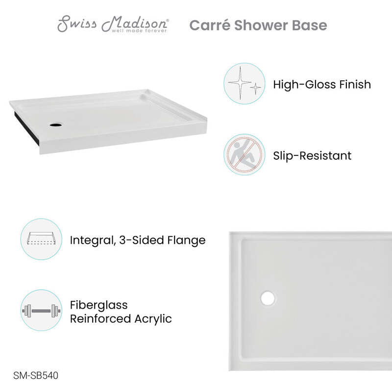 Swiss Madison Carré 48" x 36" Acrylic White, Single-Threshold, Left Drain, Shower Base