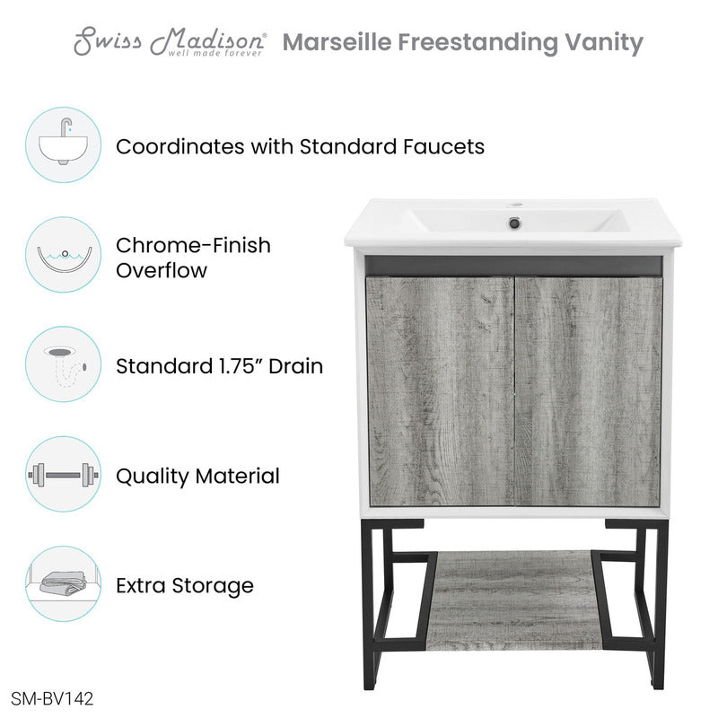 Swiss Madison Marseille 24 Single, Two Doors, Open Shelf Bathroom Vanity