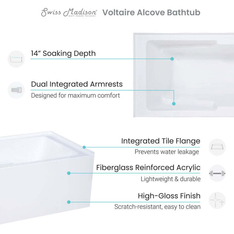 Swiss Madison Voltaire 54" X 30"  Right-Hand Drain Alcove Bathtub with Apron & Armrest