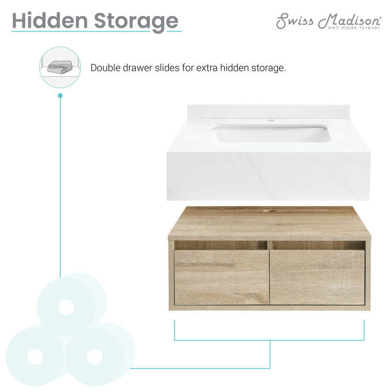 Swiss Madison Avancer 24" Wall-Mounted Bathroom Vanity in Calacatta and White Oak