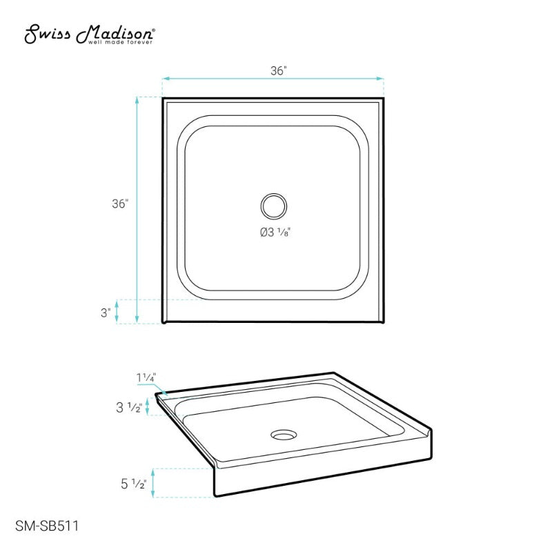 Swiss Madison Voltaire 36 x 36 Acrylic White, Single-Threshold, Center Drain, Shower Base