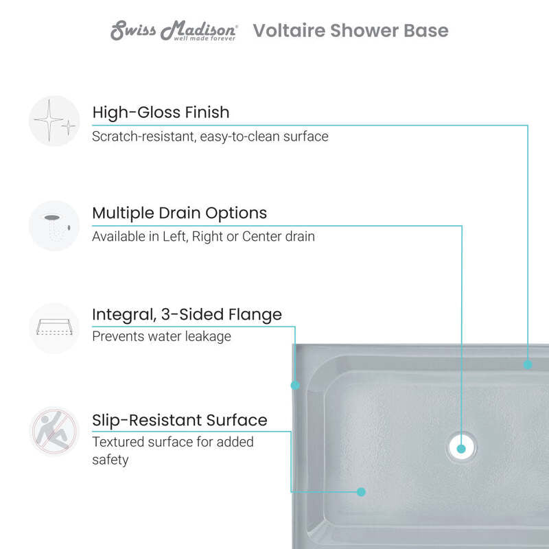 Swiss Madison Voltaire 48 x 32 Single-Threshold, Center Drain, Shower Base in Grey