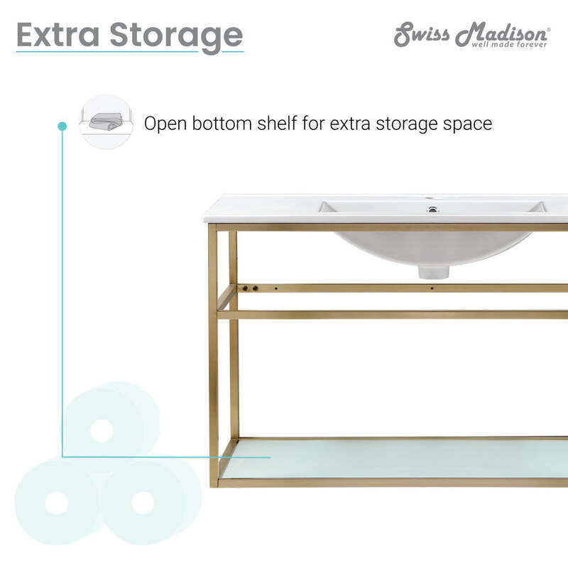 Swiss Madison Pierre 36 Single, Open Shelf, Gold Metal Frame Bathroom Vanity