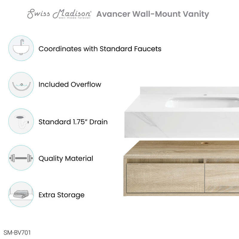 Swiss Madison Avancer 36" Wall-Mounted Bathroom Vanity in Calacatta and White Oak