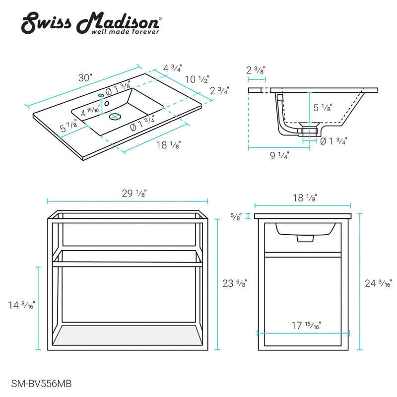 Swiss Madison Pierre 30 Single, Open Shelf, Matte Black Metal Frame Bathroom Vanity