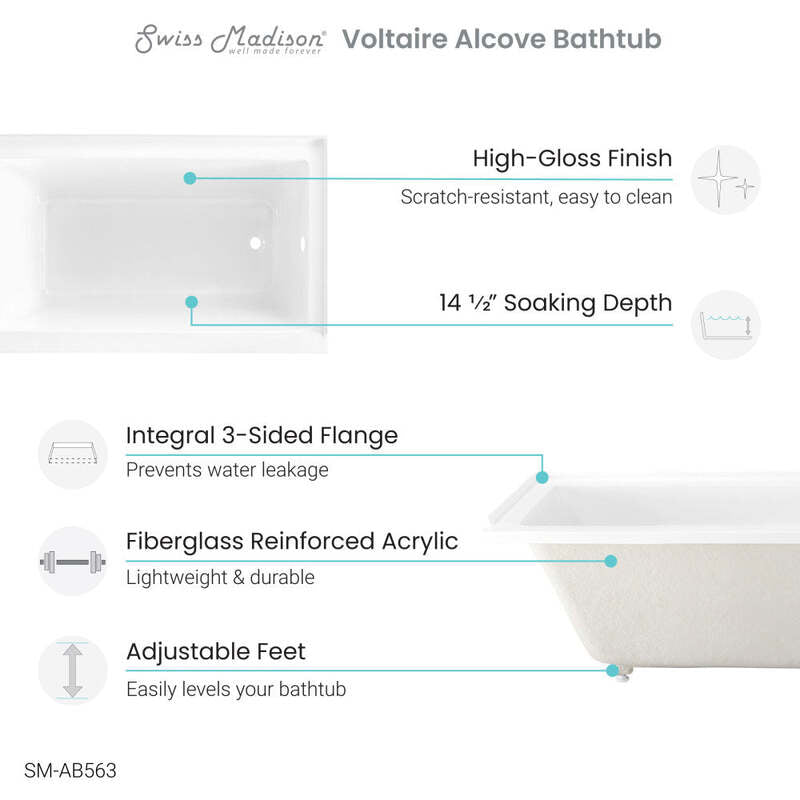 Swiss Madison Voltaire 54 in x 30 in Acrylic Glossy White, Alcove, Integral Right-Hand Drain, Bathtub