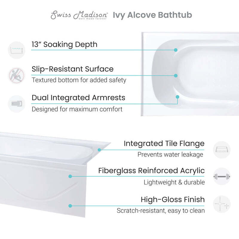 Swiss Madison Ivy 60" X 30" Right-Hand Drain Alcove Bathtub with Apron