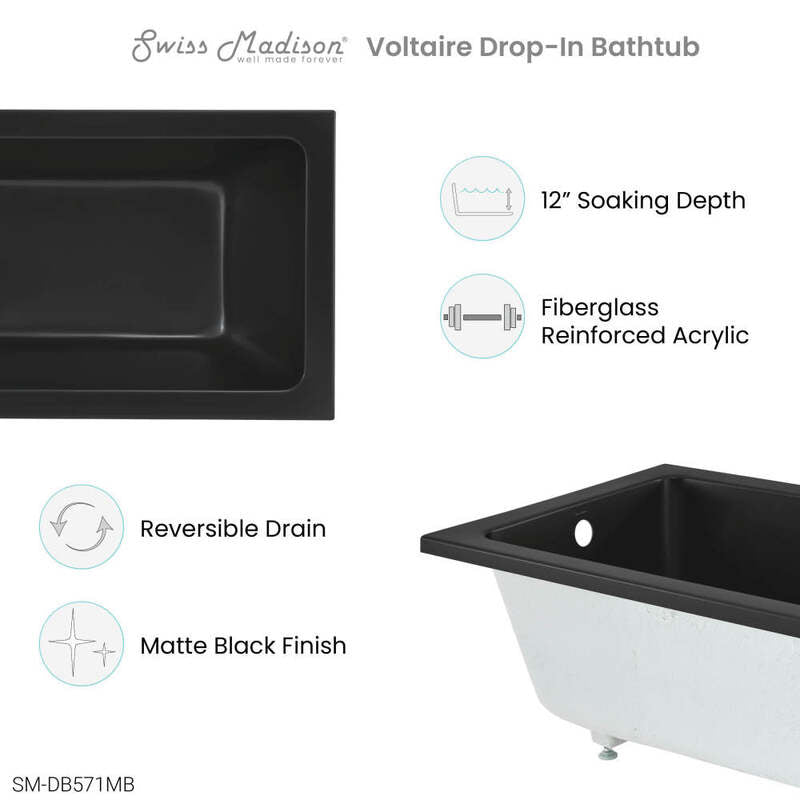 Swiss Madison Voltaire 48"x32" Reversible Drain Drop-In Bathtub in Matte Black