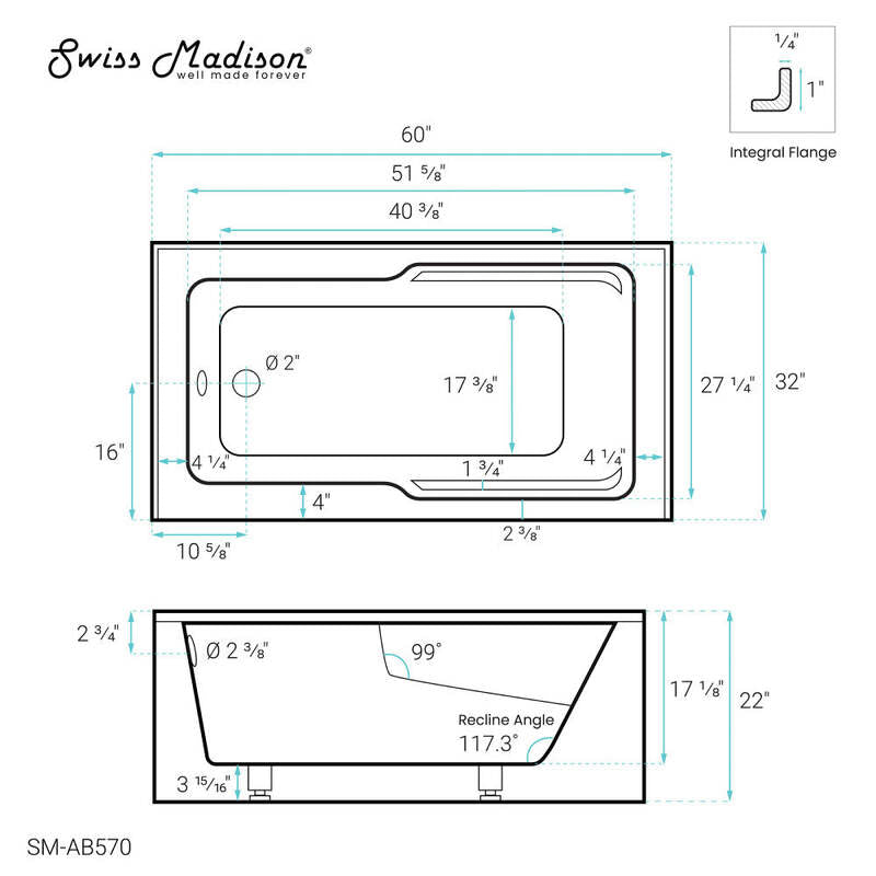 Swiss Madison Claire 60" x 32" Left-Hand Drain Drain Alcove Tub with Corner Apron