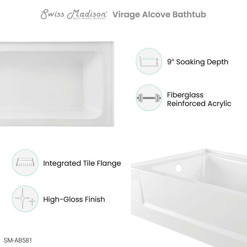 Swiss Madison Virage 60" x 30" Right-Hand Drain Alcove Bathtub with Apron
