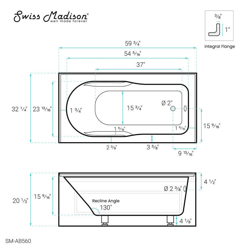 Swiss Madison Concorde 60 in. x 32 in. Acrylic Glossy White, Alcove, Integral, Right-Hand Drain, Apron Bathtub
