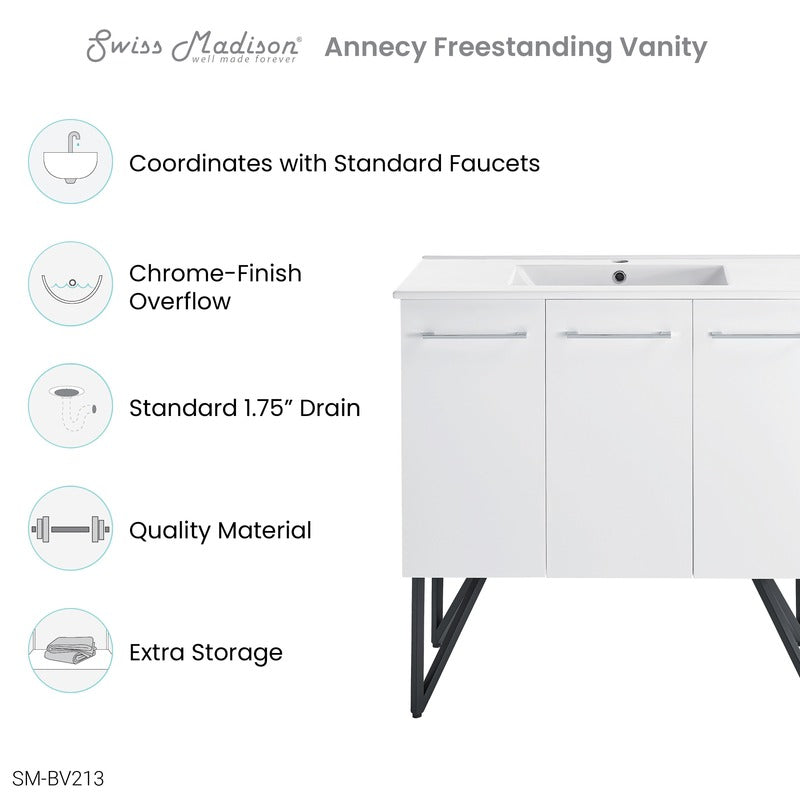 Swiss Madison Annecy 36 Single, Glossy White, Two Doors, One Drawer, Bathroom Vanity