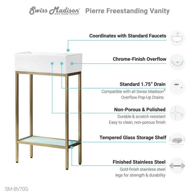Swiss Madison Pierre 19.5 Single, Freestanding, Open Shelf, Gold Metal Frame Bathroom Vanity