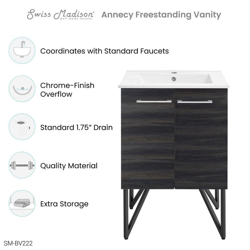 Swiss Madison Annecy 24 Single, Black Walnut, Two Doors, Bathroom Vanity