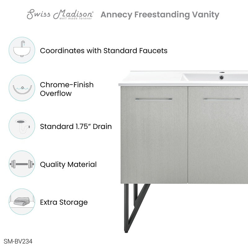 Swiss Madison Annecy 48 Single, Brushed Grey, Two Doors, One Drawer, Bathroom Vanity
