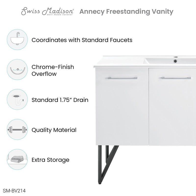 Swiss Madison Annecy 48 Single, Glossy White, Two Doors, One Drawer, Bathroom Vanity
