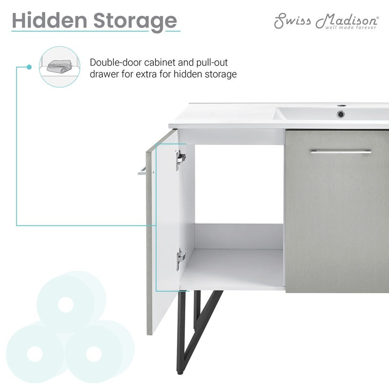 Swiss Madison Annecy 48 Single, Brushed Grey, Two Doors, One Drawer, Bathroom Vanity