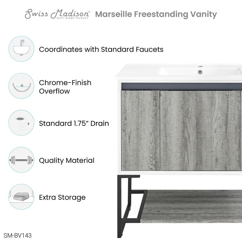 Swiss Madison Marseille 36 Single, Two Doors, One drawer, Open Shelf Bathroom Vanity