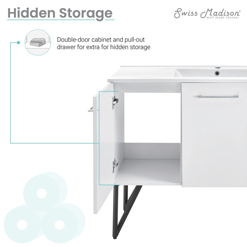 Swiss Madison Annecy 48 Single, Glossy White, Two Doors, One Drawer, Bathroom Vanity
