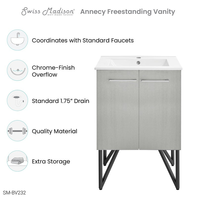 Swiss Madison Annecy 24 Single, Brushed Grey, Two Doors, Bathroom Vanity