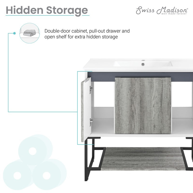 Swiss Madison Marseille 36 Single, Two Doors, One drawer, Open Shelf Bathroom Vanity