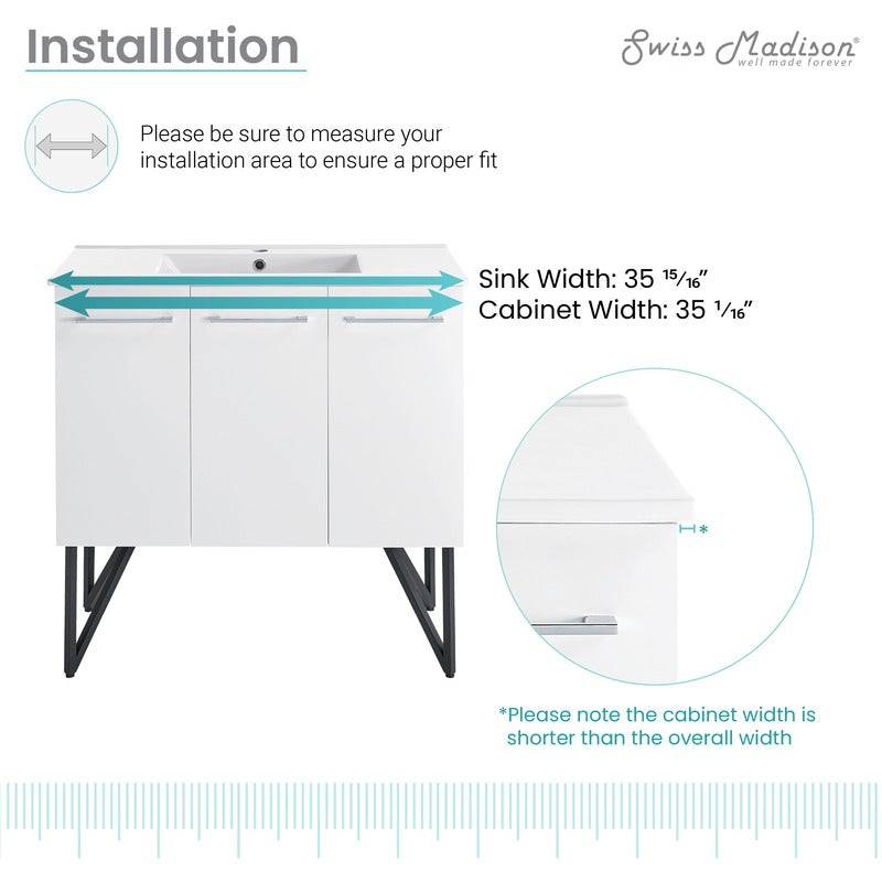 Swiss Madison Annecy 36 Single, Glossy White, Two Doors, One Drawer, Bathroom Vanity