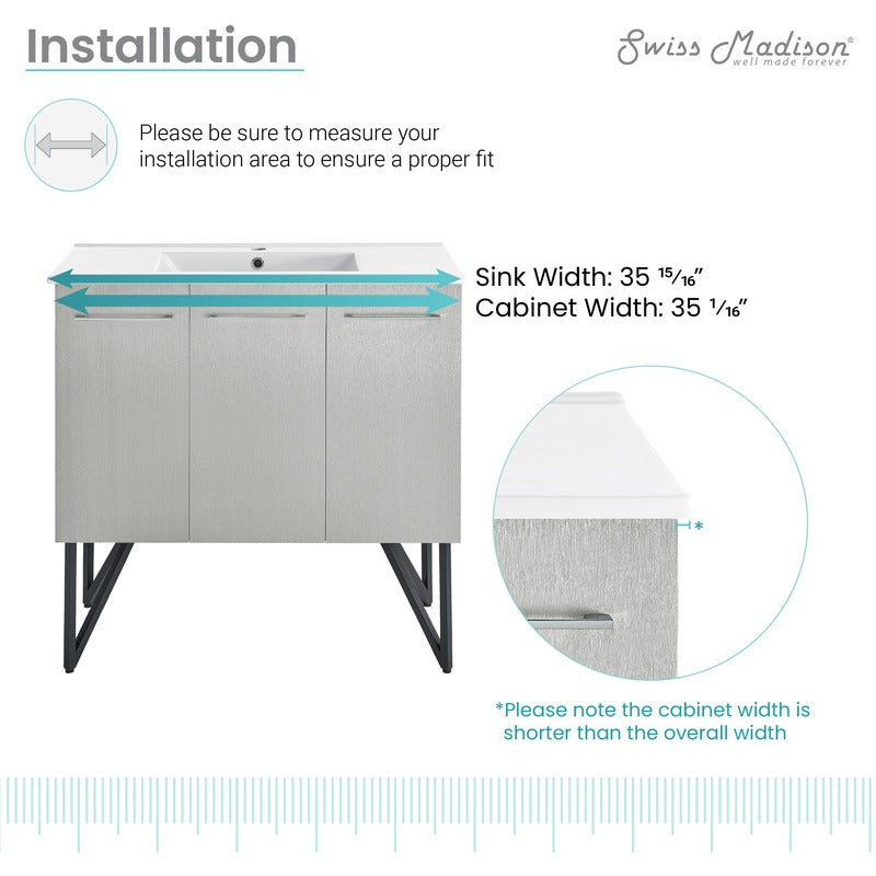Swiss Madison Annecy 36 Single, Brushed Grey, Two Doors, One Drawer, Bathroom Vanity